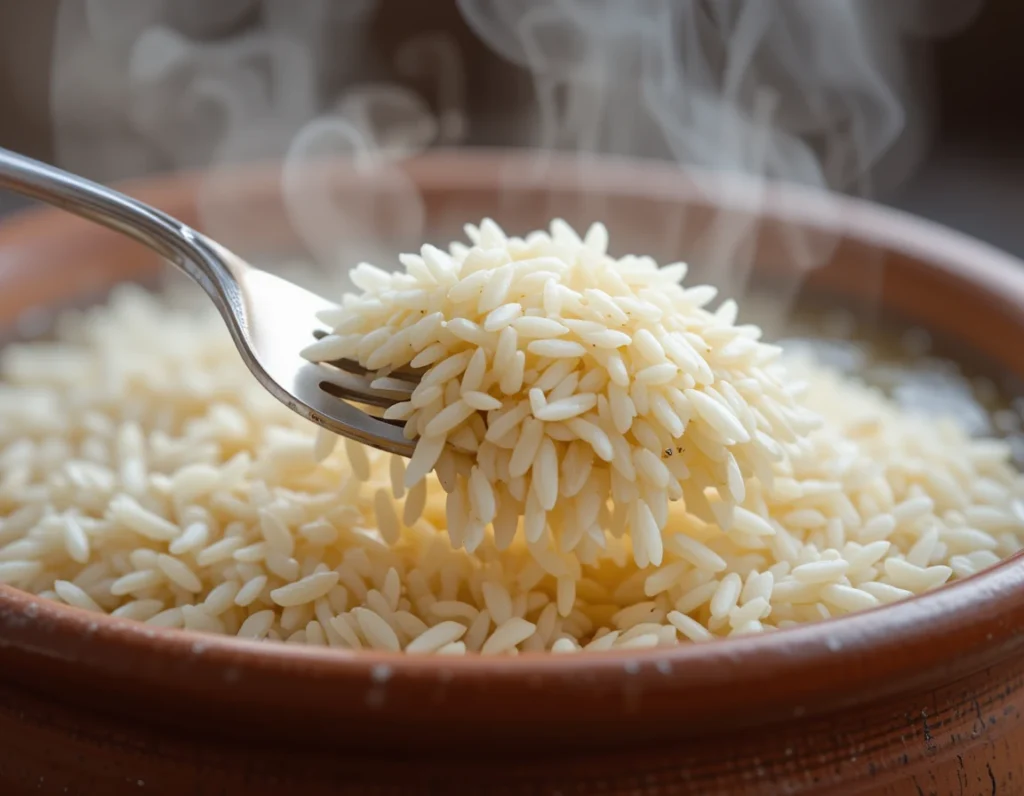 Fluffing cooked basmati rice with a fork for perfect texture.